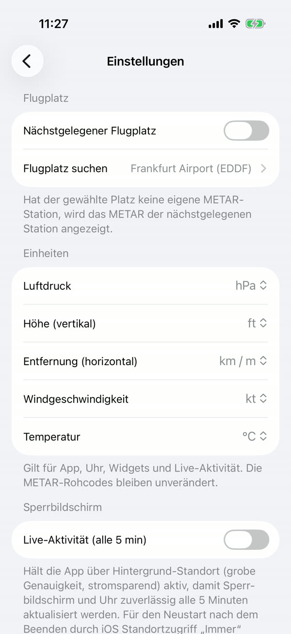Einstellungen: Flugplatz und Einheiten